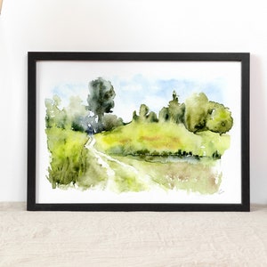 May include: Watercolor painting of a winding path through a green field with trees and a blue sky in the background.