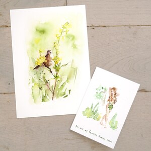 Un estampado de pájaros y una tarjeta de felicitación personalizada de amor y San Valentín. Tarjeta de acuarela con una ilustración divertida y un estampado de pájaro verde en acuarela