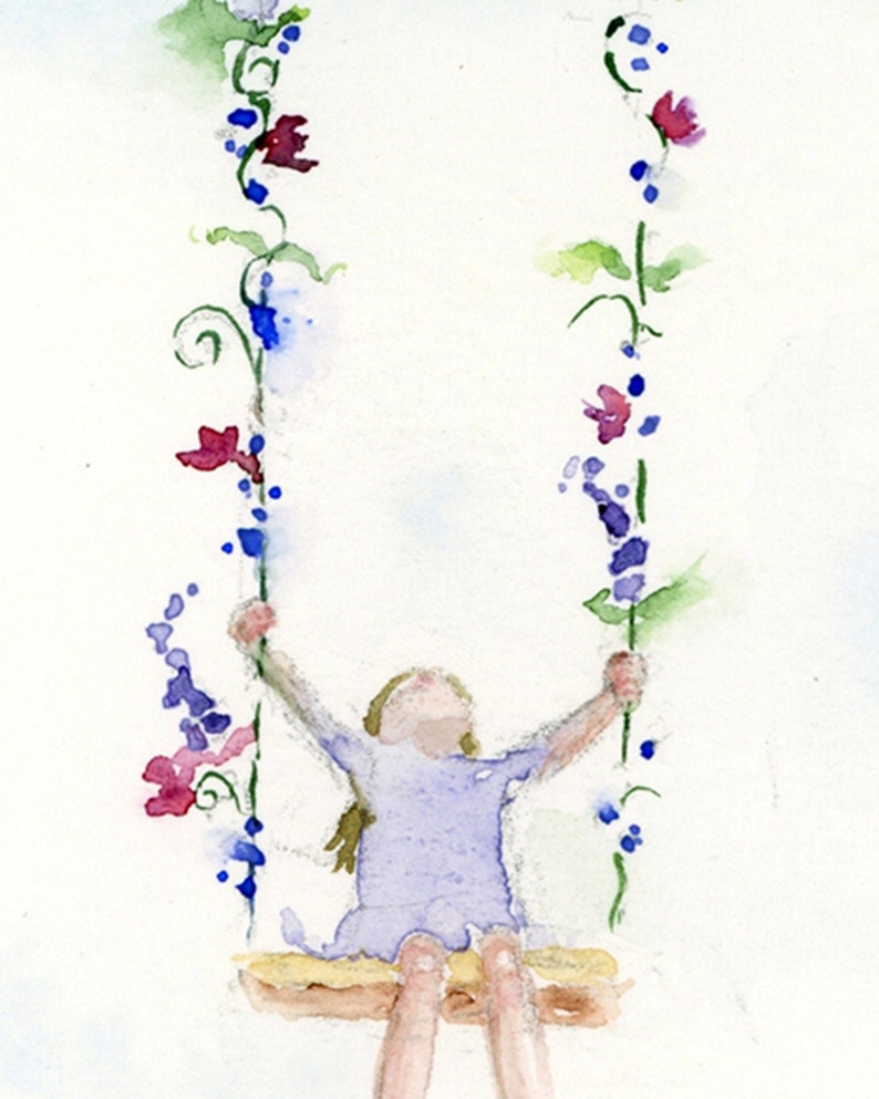 Pode incluir: Pintura em aquarela de uma menina em um balan&ccedil;o com flores roxas de cada lado.