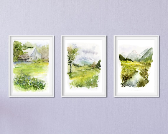 Countryside Wall Art, Watercolor Landscape Print Set, Green Wall Art Set of 3, Nature Print Set, Watercolor Print Set, Meadows Paintings