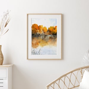 Autumn Landscape Wall Art, Living Room Painting, Large Watercolor Wall Art, Nature Painting, foliage Wall Art, Warm Color Art, Fine Artwork image 4