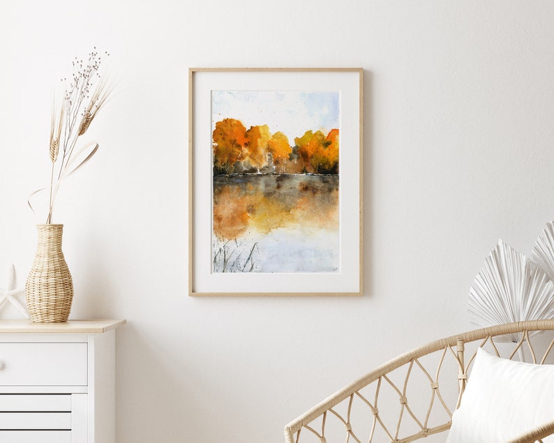Autumn Landscape Wall Art, Living Room Painting, Large Watercolor Wall Art, Nature Painting, foliage Wall Art, Warm Color Art, Fine Artwork image 4