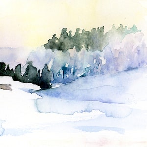 May include: A watercolor painting of a snowy landscape with a line of trees in the background. The sky is a pale yellow and the snow is a light blue.