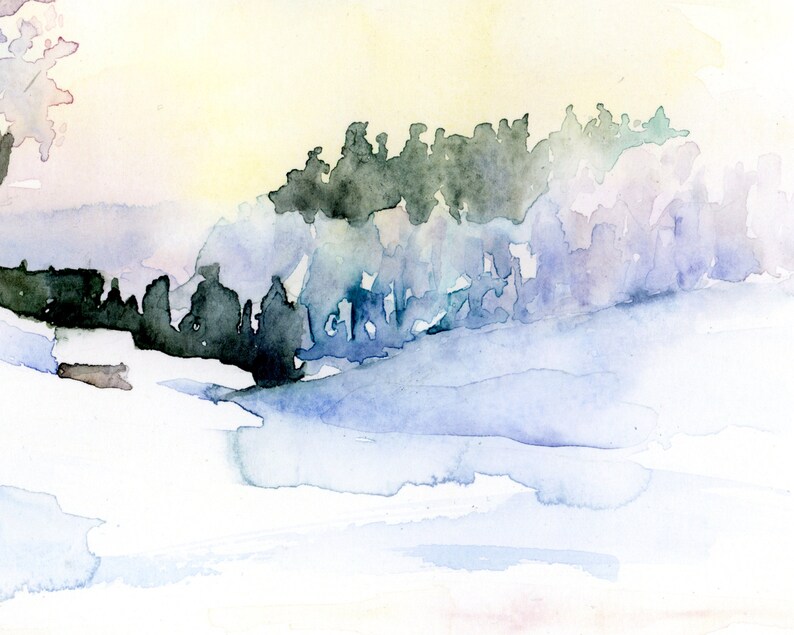 May include: A watercolor painting of a snowy landscape with a line of trees in the background. The sky is a pale yellow and the snow is a light blue.