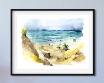 Ocean Painting, Seascape Wall Art, Watercolor Landscape, Shore Print,  Blue Landscape Art, Fine Art Giclee, Abstract sea Painting