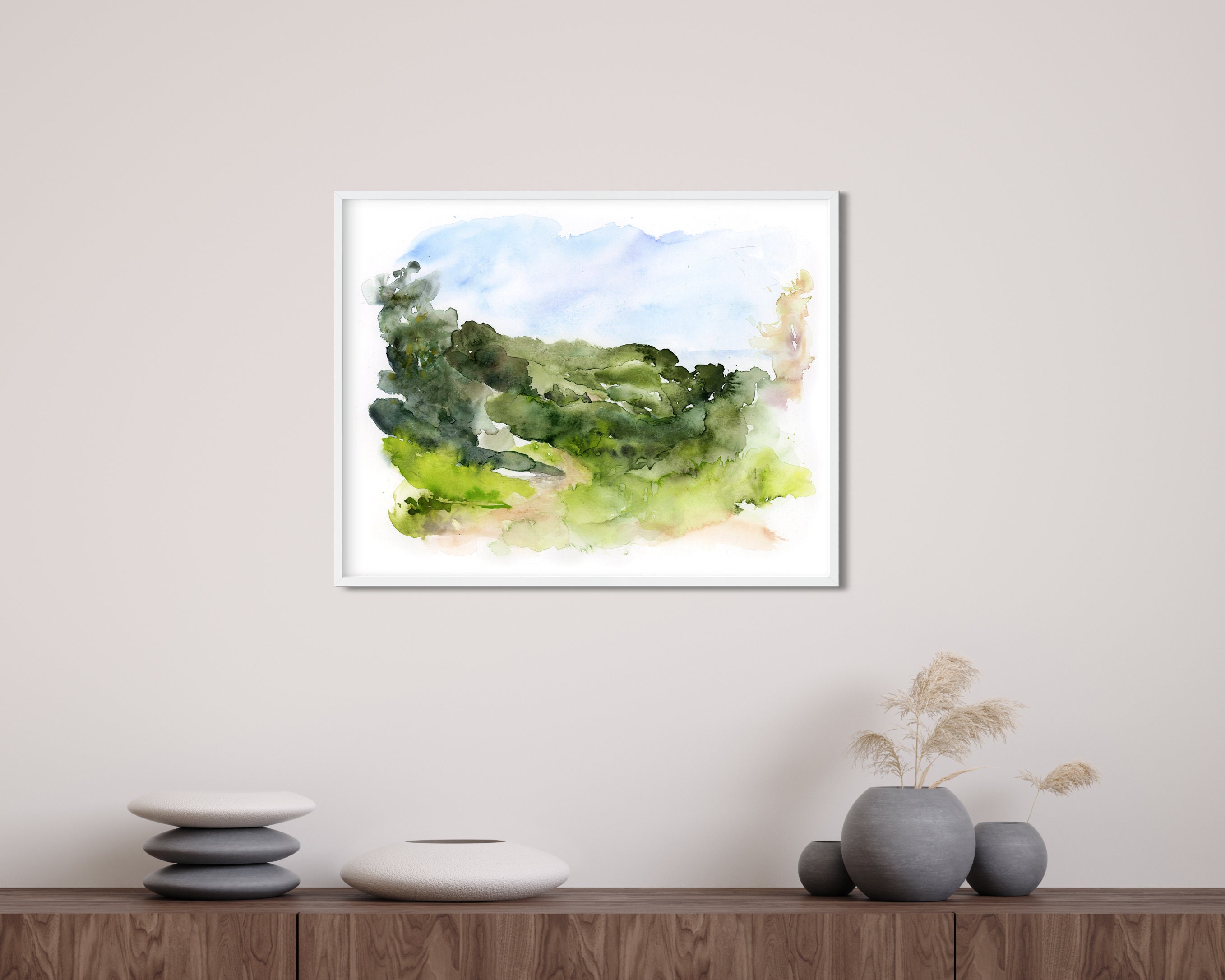 抽象風景画、水彩画（緑）、風景画、自然画、抽象水彩画、野原画