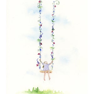 Pode incluir: Uma pintura em aquarela de uma menina em um balan&ccedil;o feito de videiras com flores roxas e vermelhas. O balan&ccedil;o est&aacute; sobre um fundo azul claro com nuvens brancas.