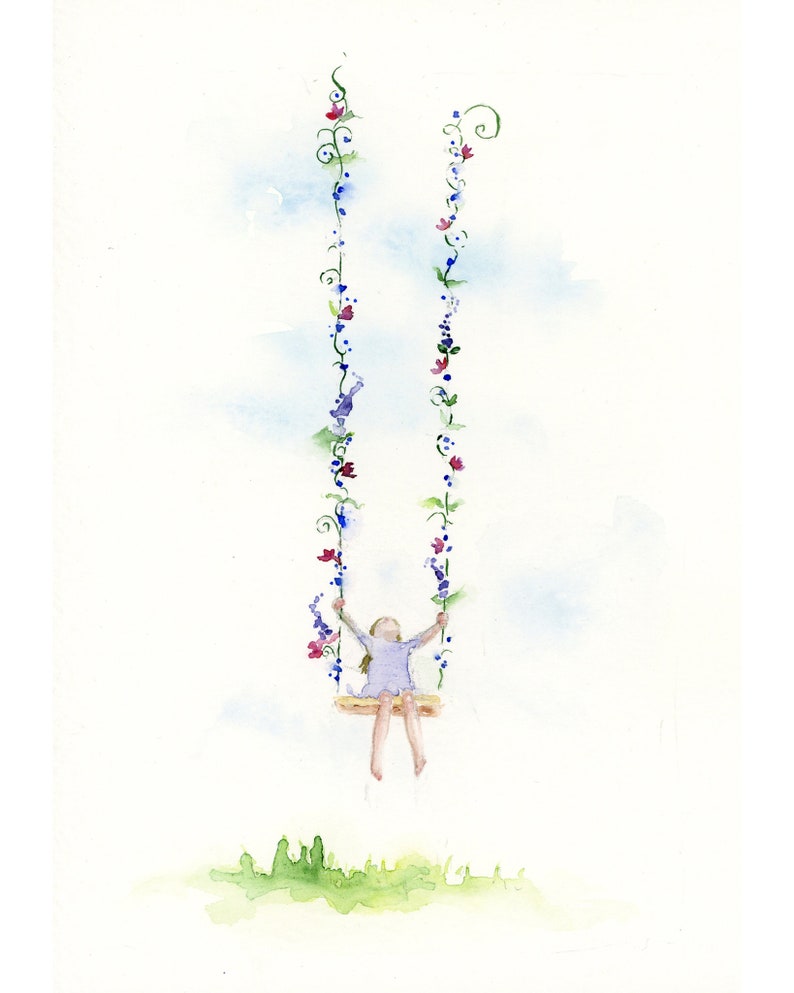 Pode incluir: Uma pintura em aquarela de uma menina em um balan&ccedil;o feito de videiras com flores roxas e vermelhas. O balan&ccedil;o est&aacute; sobre um fundo azul claro com nuvens brancas.