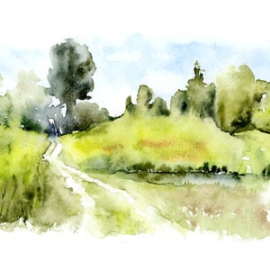 May include: A watercolor painting of a winding dirt path leading through a green field with trees in the background. The sky is a light blue with white clouds.