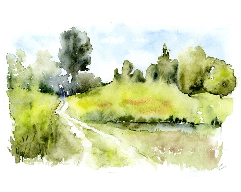 May include: A watercolor painting of a winding dirt path leading through a green field with trees in the background. The sky is a light blue with white clouds.