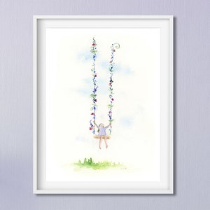 Pode incluir: Pintura em aquarela de uma menina em um balan&ccedil;o feito de videiras com flores. O balan&ccedil;o est&aacute; contra um c&eacute;u azul claro com nuvens brancas.