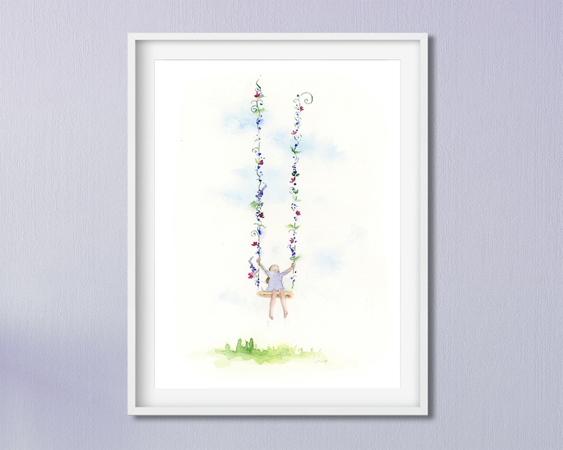 Pode incluir: Pintura em aquarela de uma menina em um balan&ccedil;o feito de videiras com flores. O balan&ccedil;o est&aacute; contra um c&eacute;u azul claro com nuvens brancas.
