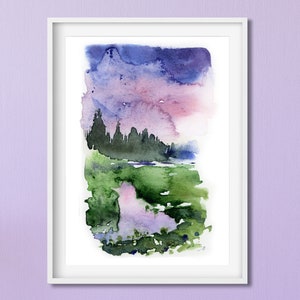 Small Landscape Painting, Green Landscape Wall Art, Stream  Print, Abstract Watercolor Art Print, Fine Art Painting Print, Chapel Art