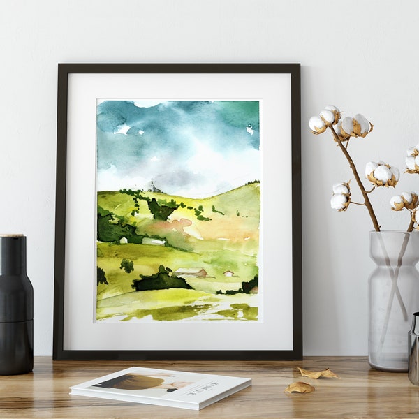 Small Landscape Painting, Green Landscape Wall Art, Hills Print, Abstract Watercolor Art Print, Fine Art Painting Print, Chapel Art