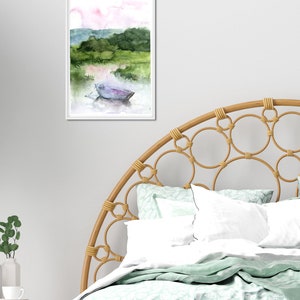 Sunset Landscape Art Print, Lake Art, green and blue Painting Print, Abstract Watercolor Wall Art, boat watercolor Art,Fine Art, Small print image 6