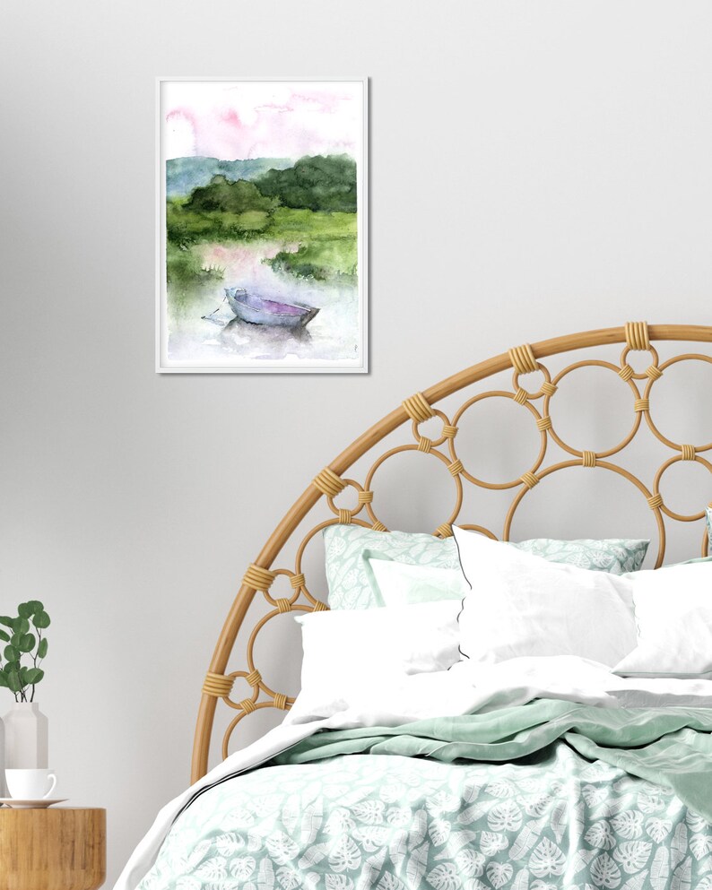 Sunset Landscape Art Print, Lake Art, green and blue Painting Print, Abstract Watercolor Wall Art, boat watercolor Art,Fine Art, Small print image 6