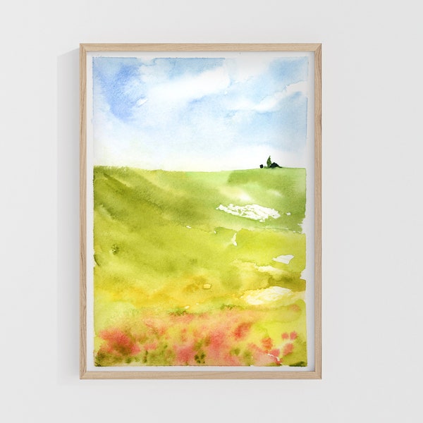 Watercolor scenery of Tuscany green hills Landscape Painting, Small Watercolor Italy countryside wall art, giclee print Fine Art