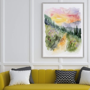 Large Sunset Landscape Art, Landscape Watercolor Landscape Art, Green Landscape Painting, Abstract Watercolor Wall Art, Nature Wall Art