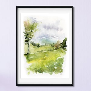 Watercolor Tree Painting, Green Watercolor Landscape, Abstract Landscape Wall Art, Fine Art, Nature Wall Art, 5x7 Print, Meadow Painting image 2