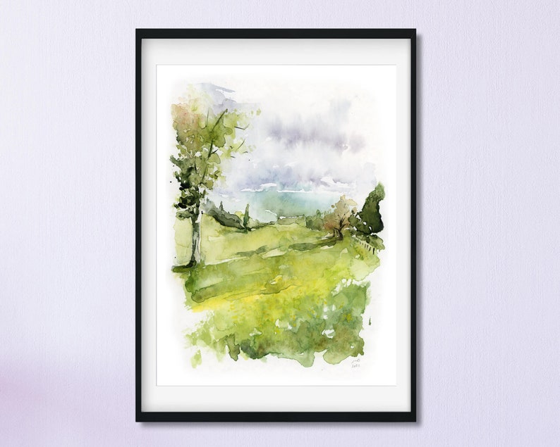 Watercolor Tree Painting, Green Watercolor Landscape, Abstract Landscape Wall Art, Fine Art, Nature Wall Art, 5x7 Print, Meadow Painting image 2