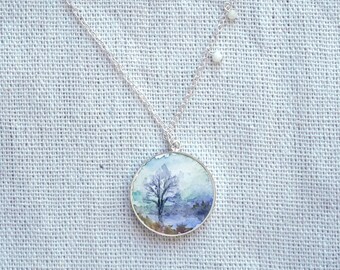 Dainty Necklace, Nature Necklace, Silver Round Necklace, Pendant Necklace for Women, Watercolor Necklace, Minimalist Silver Necklace