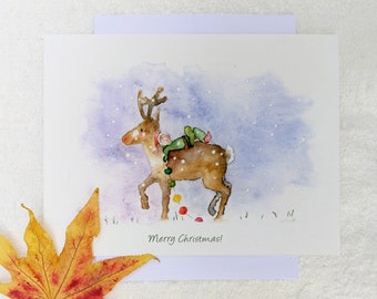 Carte de Noël cerf, carte de voeux imprimable, carte de vœux, carte de Noël aquarelle, téléchargement immédiat de Noël, impression d'art aquarelle