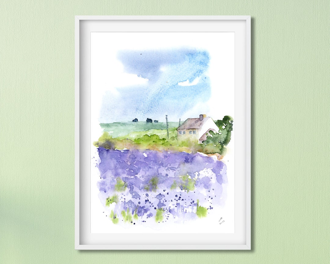 紫の風景画、水彩画の田舎の風景の小版画、水彩画の風景