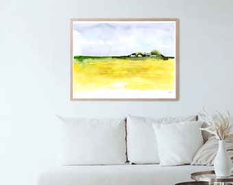 Large Landscape Art, Yellow Watercolor Art, Watercolor Landscape, Abstract Landscape Wall Art, Nature Print, Field Painting, Yellow Fields