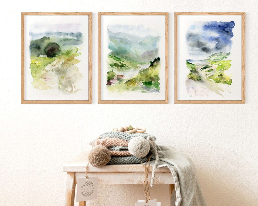 Large Landscape Prints, Watercolor Print Set of 3, Gallery Wall Set