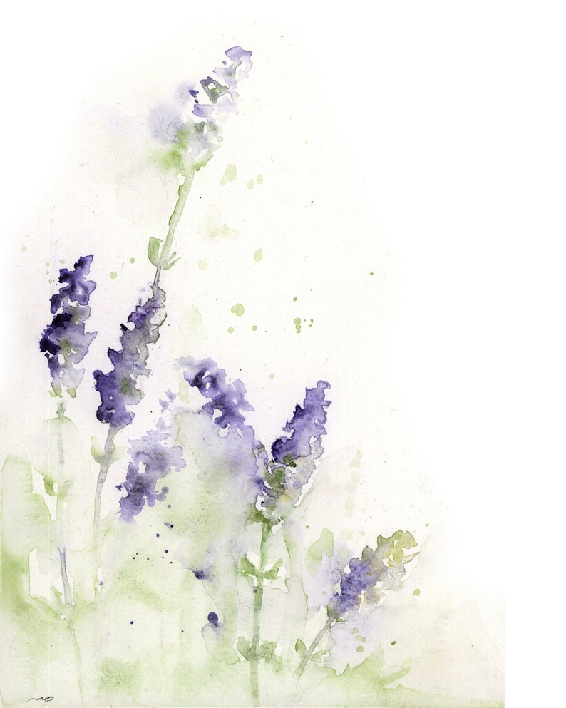 K&ouml;nnte beinhalten: Aquarellmalerei von Lavendelbl&uuml;ten in Violett- und Gr&uuml;nt&ouml;nen. Die Bl&uuml;ten sind in einem lockeren, abstrakten Stil gemalt, mit weichen Kanten und zarten Details. Der Hintergrund ist ein heller Waschgang in Gr&uuml;n und Wei&szlig;.