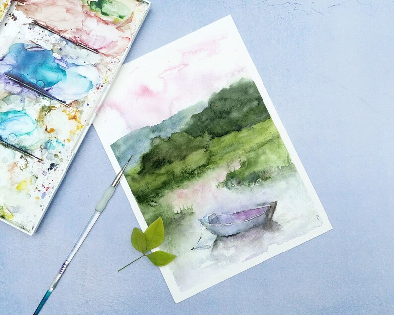 Sunset Landscape Art Print, Lake Art, green and blue Painting Print, Abstract Watercolor Wall Art, boat watercolor Art,Fine Art, Small print image 4