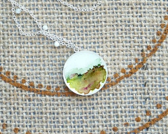 Art Pendant Necklace, Nature Necklace, Silver Round Necklace, Pendant Necklace for Women, Watercolor Necklace, Minimalist Silver Necklace