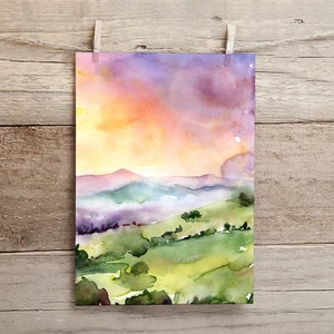 Sunrise Wall Art, Nature Watercolor Print, Small Abstract Art, Landscape Painting, Colorful Watercolor Wall Art, Fine Art, Sunrise Painting image 2