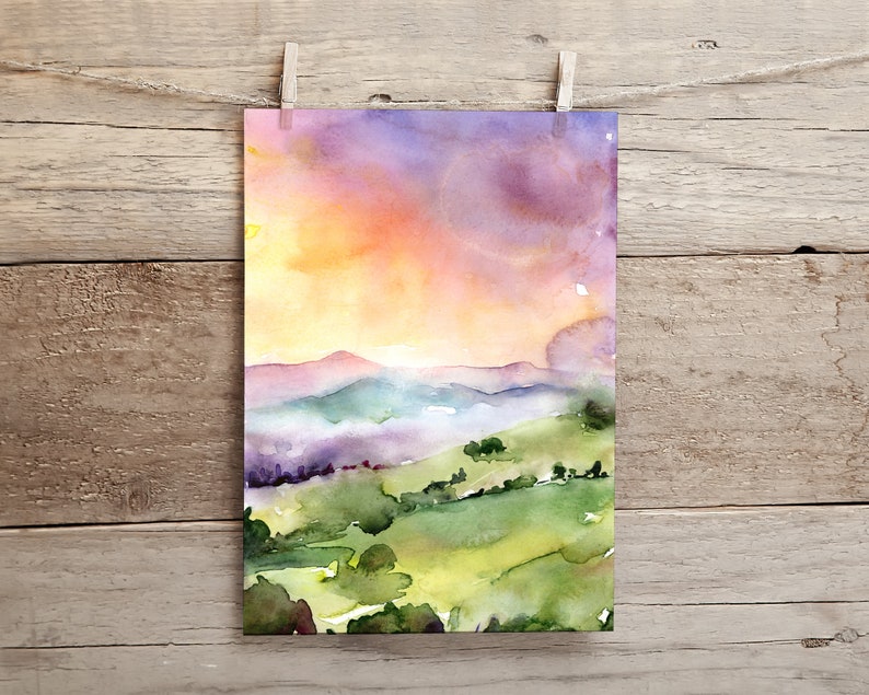 Sunrise Wall Art, Nature Watercolor Print, Small Abstract Art, Landscape Painting, Colorful Watercolor Wall Art, Fine Art, Sunrise Painting image 2