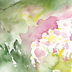 May include: Abstract watercolor painting with shades of green, pink, and yellow. The colors blend and overlap, creating a dynamic and organic composition.