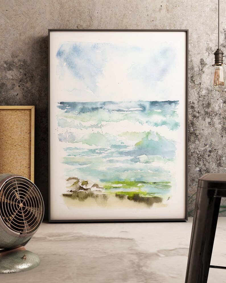 Large Vertical Wall Art, Abstract sea Wall Art, Abstract seascape Print, Watercolor Landscape Print, Living Room Art, Ocean Watercolor image 4