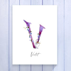 Personalized watercolor initial name print, N - Z Custom nursery name art with flowers, New Baby Gift, Name Wall Art, Baby Wall Art