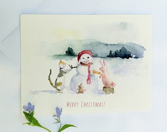 Watercolor Christmas Card, Printable Greeting Card, Illustrate Christmas Card, Printable Holiday Card, Snowman Card, Watercolor Art Print