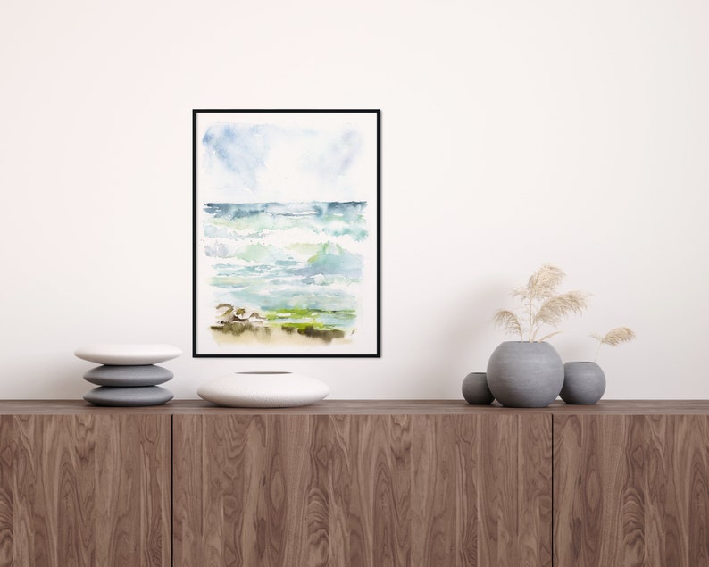 Large Vertical Wall Art, Abstract sea Wall Art, Abstract seascape Print, Watercolor Landscape Print, Living Room Art, Ocean Watercolor image 1