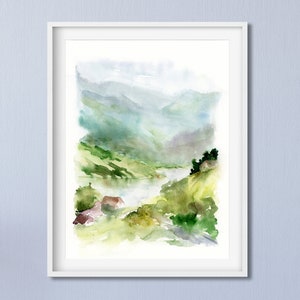 草原の絵画、放牧の壁画、水彩風景画、牧草地の版画、緑の風景画