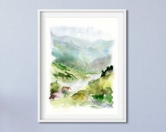 Abstract Watercolor Wall Art, Watercolor Print, House Print, Watercolor Art, Small Watercolor Painting, Landscape Wall Art, Office Wall Art