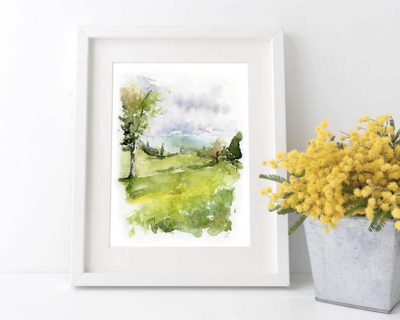 Watercolor Tree Painting, Green Watercolor Landscape, Abstract Landscape Wall Art, Fine Art, Nature Wall Art, 5x7 Print, Meadow Painting image 3