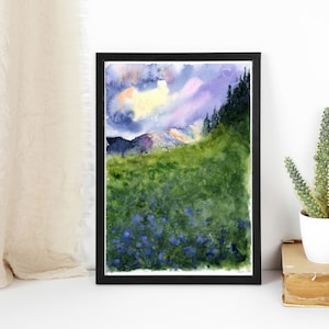 Sunset with blue flowers painting, watercolor Sunset Wall Art, Watercolor Landscape, Sunset Print, Purple Landscape Art, Fine Art Giclee, image 5