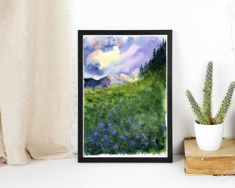 Sunset with blue flowers painting, watercolor Sunset Wall Art, Watercolor Landscape, Sunset Print, Purple Landscape Art, Fine Art Giclee, image 5