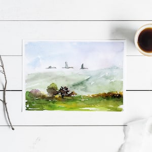 Druckbare Aquarell Karte, Aquarell Kartenvorlage, Landschaft Grußkarte, Herunterladbare Karte, Leere Stationäre Karte, Gefaltete Karte
