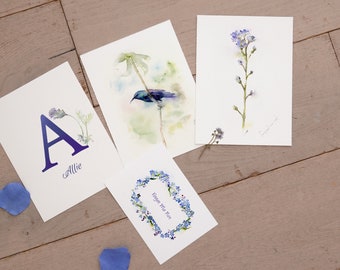 Set of 3 Watercolor prints: Personalized Monogram and nature Print with personalized greeting card, Watercolor Wall Art and love card