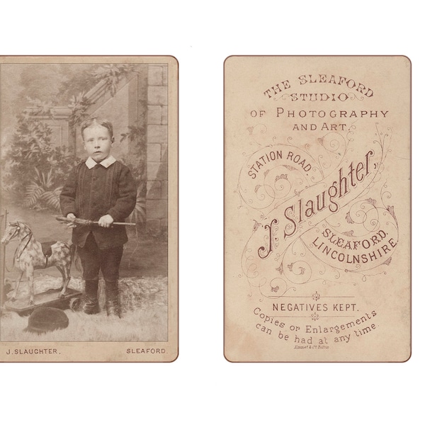 Digital supply, Vintage CDV, boy, toy, horse, collage, cabinet card, Sleaford photographer,