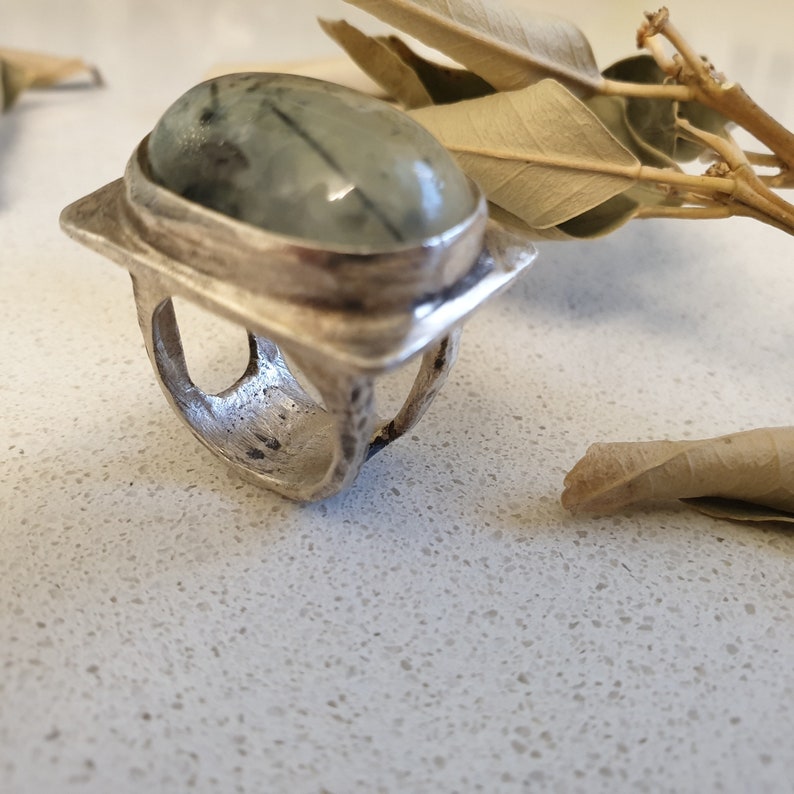 Large stone silver ring Statement women ring Rustic silver women ring Bohemian women ring Unique large stone ring Prehnite silver ring