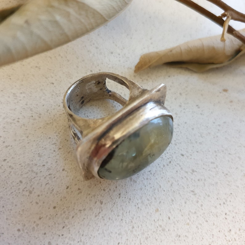 Large stone silver ring Statement women ring Rustic silver women ring Bohemian women ring Unique large stone ring Prehnite silver ring