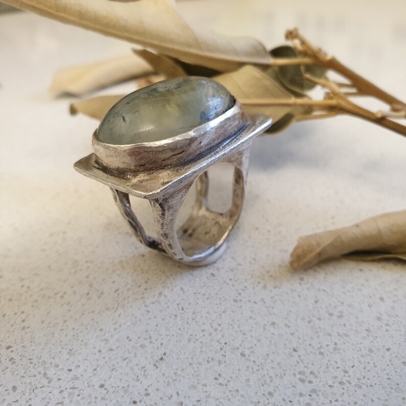Large stone silver ring Statement women ring Rustic silver women ring Bohemian women ring Unique large stone ring Prehnite silver ring